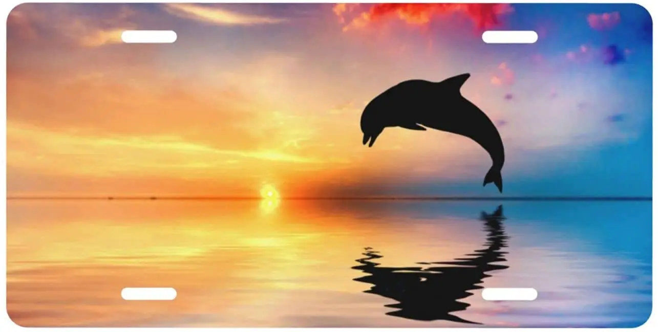

Dolphin Jumping License Plate, Animals Silhouetted at Sunset Decorative Car Tag 12" X 6"