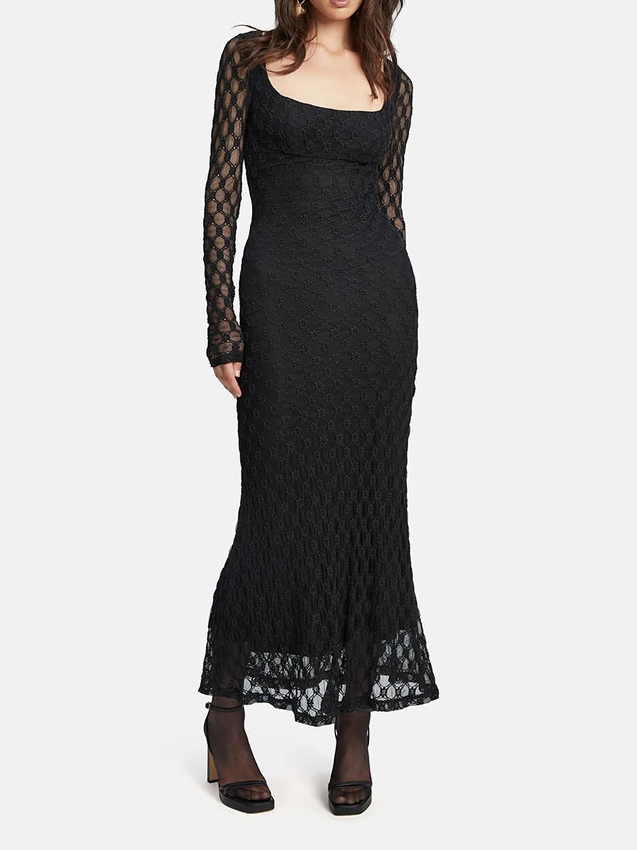 

Женское жаккардовое платье-миди с длинным рукавом и U-образным вырезом на молнии сзади