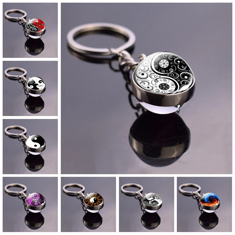 

Double Side Yin Yang Tai Chi Keychain Glass Ball Pendant Zen Meditation Symbol Key Chain Key Rings Car Keyfob