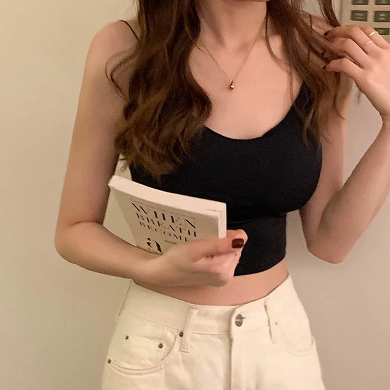 Сексуальный однотонный укороченный топ спортивный на бретелях-спагетти женский