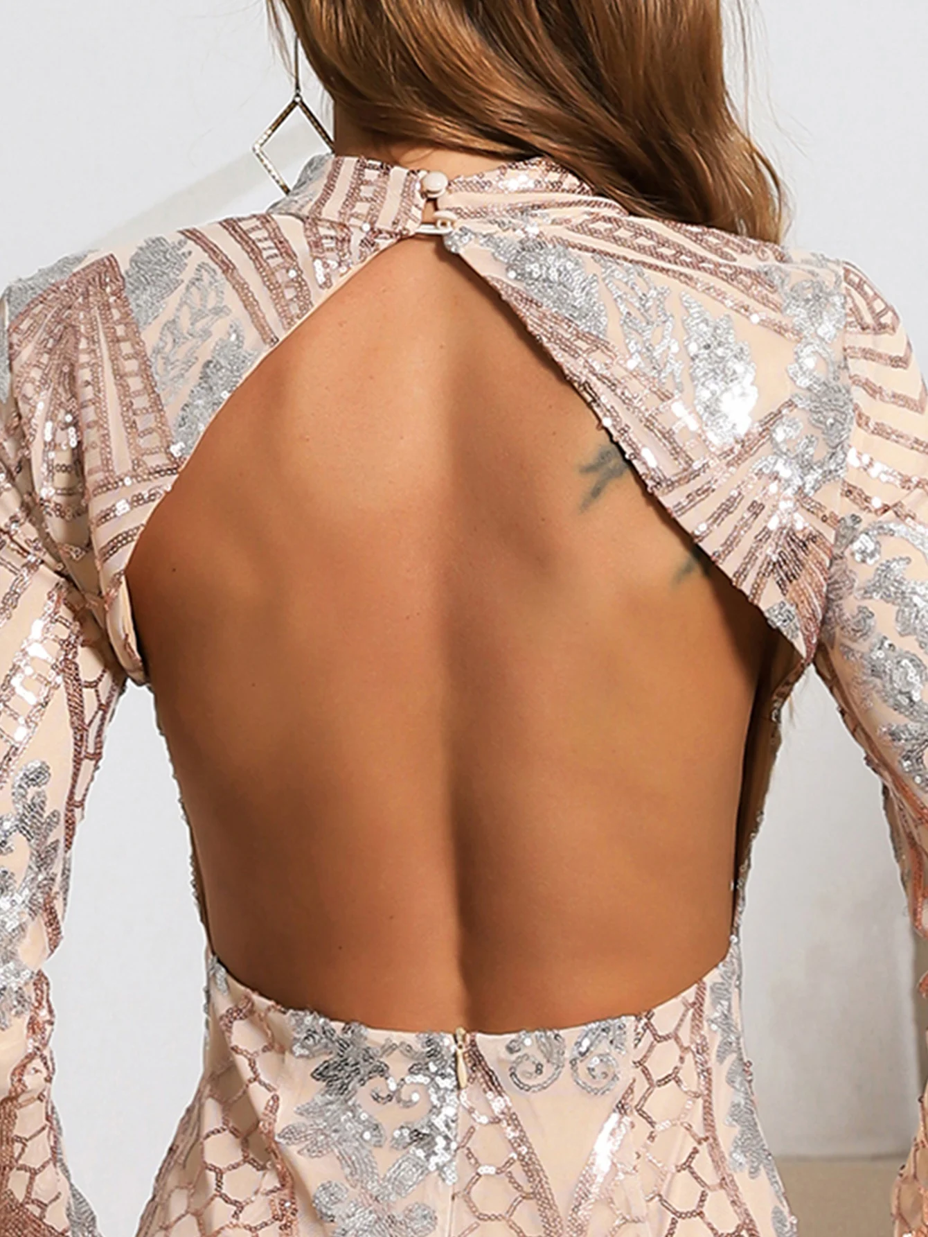 Long-Sleeve Evening Dresses Sexy Backless Prom Dresses Sequined Party Dresses Ball Gown for Business Dinner Company Party