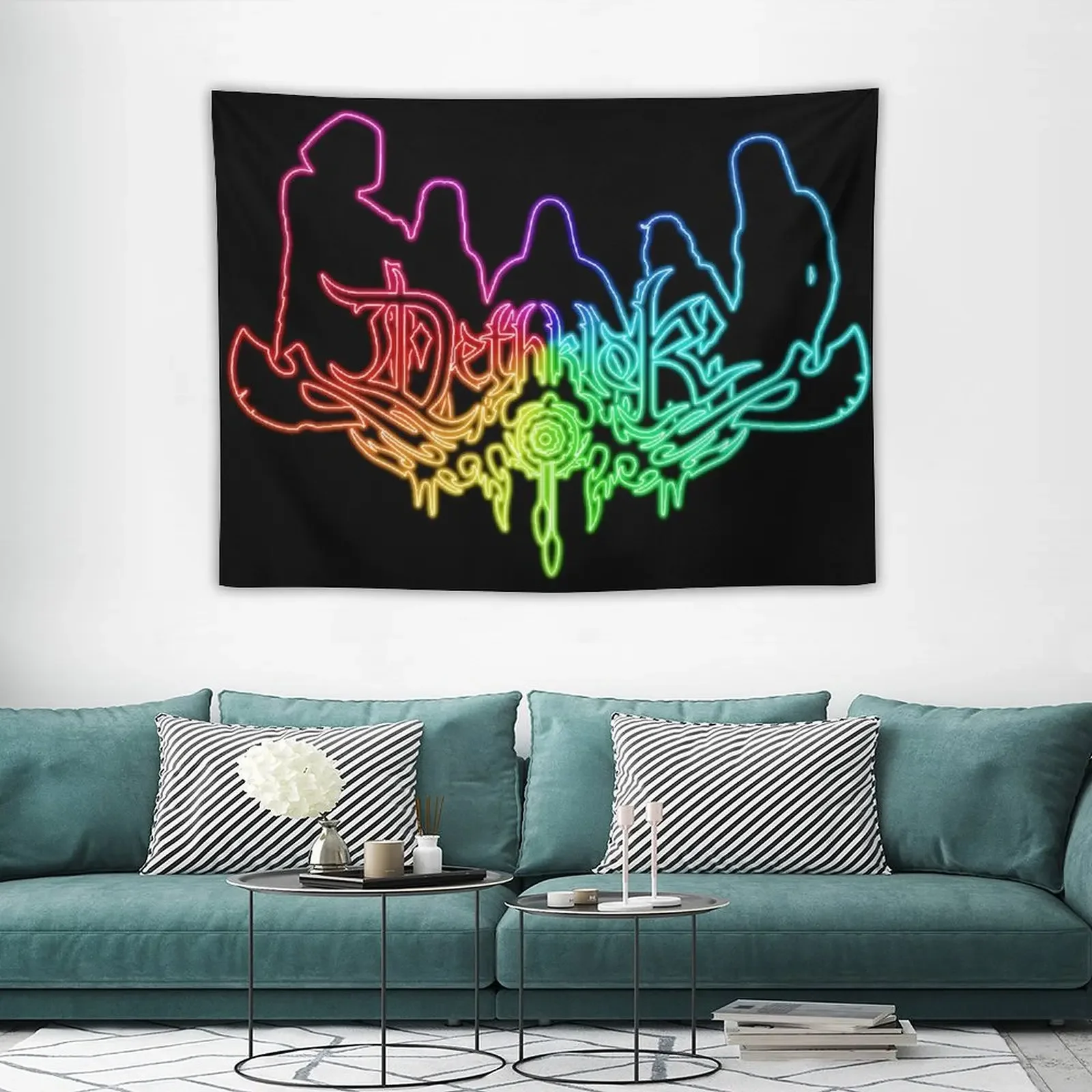 Радужная неоновая вывеска с логотипом Dethklok и силуэтом члена группы на черном