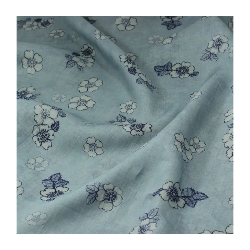 

High-End Plant Pastoral Light Blue White Flower Printing Pure Ramie Fabric Dress Clothing Fabric New