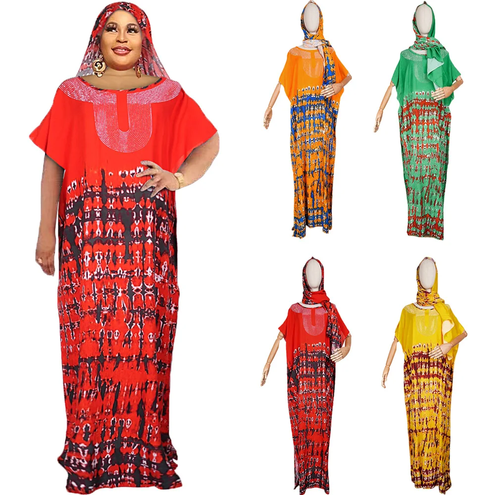 

African Dresses for Women Bohemian Print Boubou Robe Dashiki Muslim Hijab Abaya Scarf Kaftan Morocain Loose Caftan Gown Dress