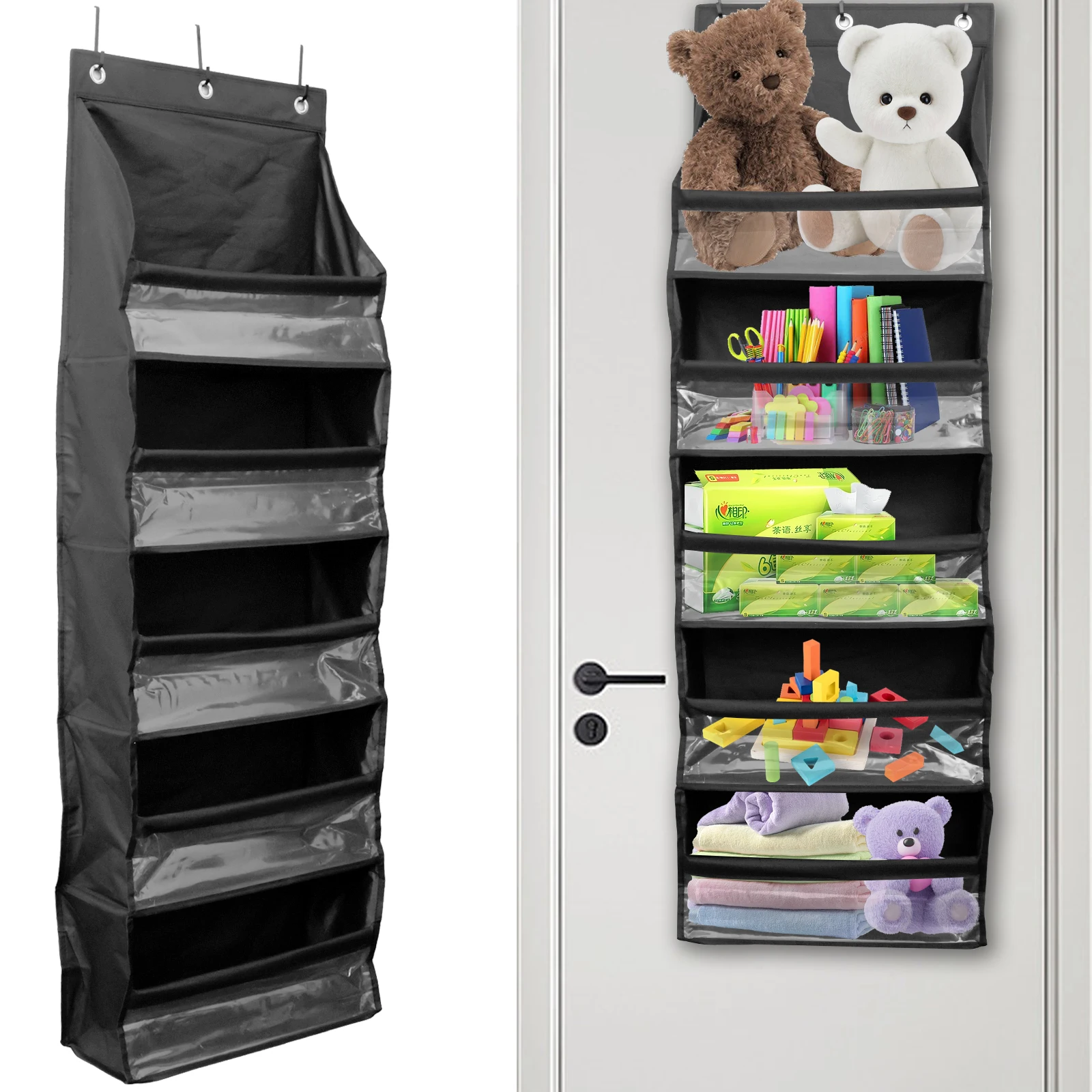 

5-Shelf Over The Door Hanging Organizer with 3 Metal Hooks Large Capacity Door Storage Organizer with Clear Window Space Saving