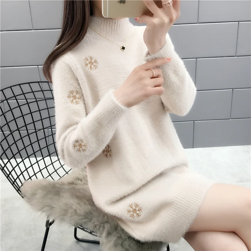 

Women Winter Mink Cashmere Snowflake Embroidered Long Sweater Dress Vintage Pullovers Casual Warm Lady Long Sleeve Knitted Tops