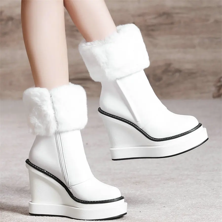 Warm Rabbit Fur Pumps Women Genuine Leather Wedges High Heel Snow Boots Female High Top Round Toe Fashion Sneakers Casual Shoes