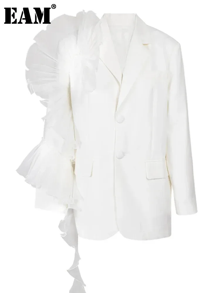 [EAM] Женский белый элегантный пиджак с оборками новый свободный лацканами и