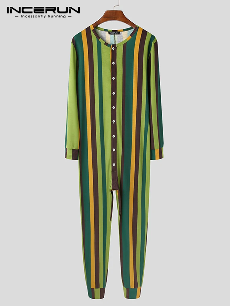 INCERUN Men Pajamas Jumpsuits Leisure Striped Onesies Homewear Long Sleeve V Neck Rompers Sleepwear Fitness Button Nightgown 5XL
