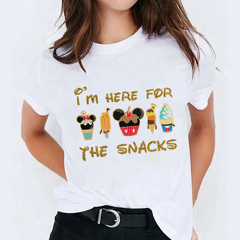 

Disney Food Festival Women's T-shirt I'm Here For The Snacks Graphic Funny Mickey Mouse Clothes Summer Harajuku Ladies Tops
