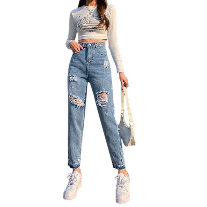 Blue Beggar's Nine Point Jeans Hole Women's Spring Summer New Straight Tube Loose High Waist Show Thin Pants Street Trendsetter
