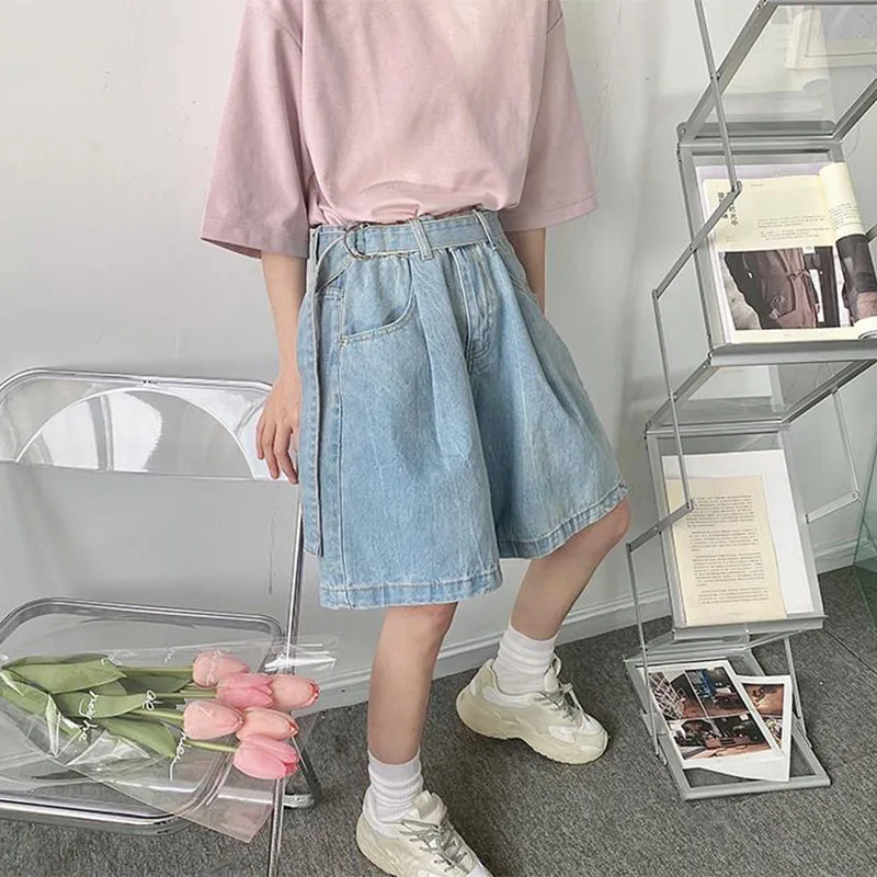 Japanese Retro Straight Denim Shorts Men And Women Neutral Loose Tide Brand Wide-leg Belt Tooling Men Five-point Pants