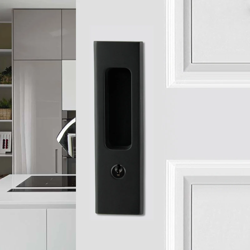 Чёрная дверная ручка из цинкового сплава с ключами для внутренней раздвижной двери из дерева.