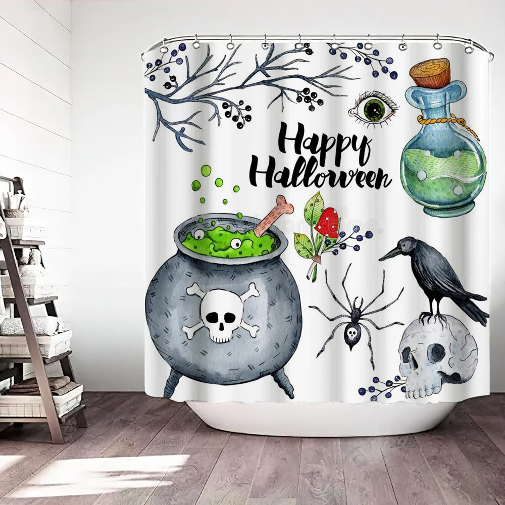 

Винтажная занавеска для душа на Хэллоуин, Череп, пугало, призрак, тыква, летучая мышь, паук, водонепроницаемая занавеска для ванной комнаты с...