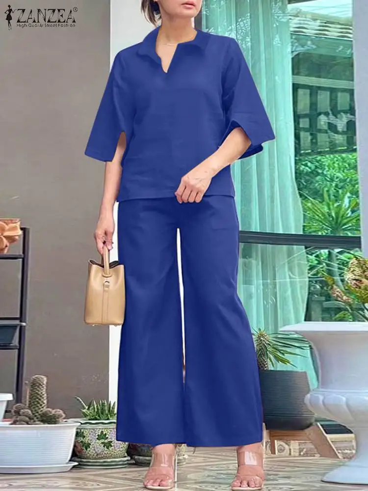 

ZANZEA Fashion Summer Lapel Neck Half Sleeve Blouse Pants Sets 2PCS Women Elegant Work Matching Sets Casual OL Trousers Suits