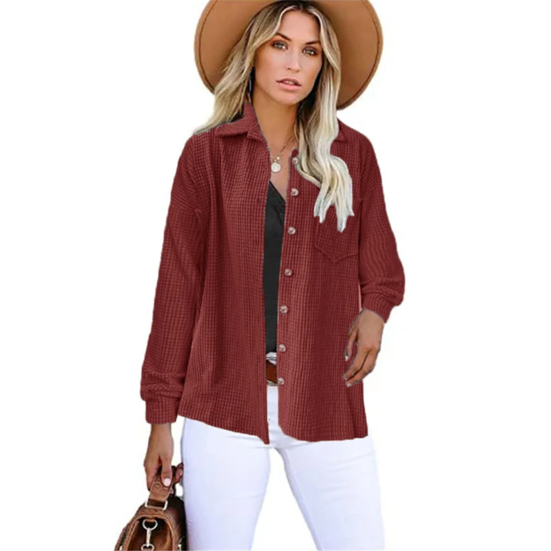 

New Women's Autumn Winter Shirt Solid Color Loose Corn Kernel Cloth Button Female Long-sleeved Cardigan