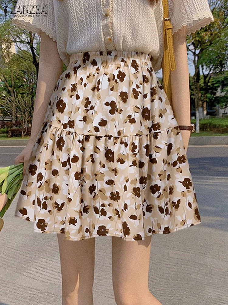 

Women Flowers Print Mini Skirt Elegant Patchwork Pleated Jupes ZANZEA Sweety High Waist Short Skirts Casual Loose Fashion Faldas