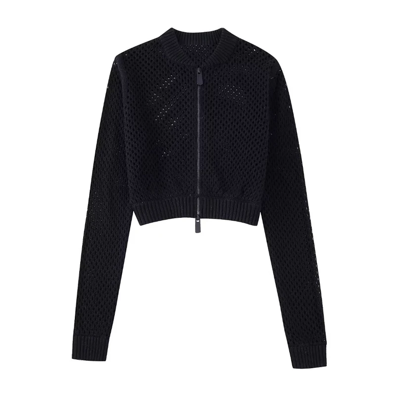 

Женская трикотажная короткая куртка-бомбер с воротником-стойкой и длинными рукавами, черная приталенная кофта на молнии, весна-лето 2023