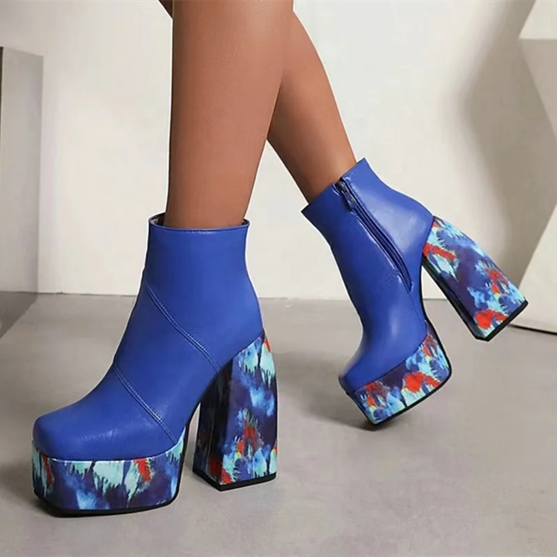 Tie-dye Print Thick Platform Fashion Boots Women Shoes Square Toe Chunky High Heel Boots Side Zip Ankle Size 43
