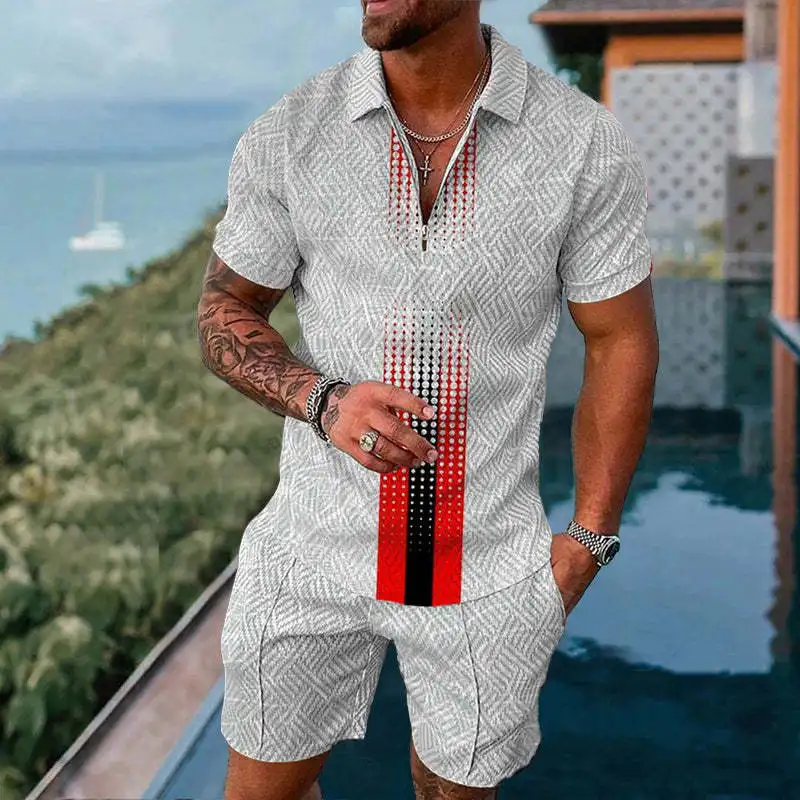 Summer Men Set Polo Shirt+Shorts Suit Short-sleeve V-neck Zipper t-shirts Streetwear Tracksuits 2 piece set Casual Men Clothes