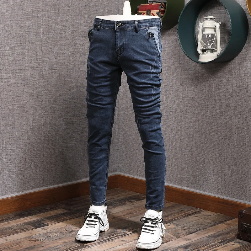 

Street Fashion Men Jeans Retro Blue Elastic Slim Fit Ripped Jeans Men Korean Style Vintage Designer Casual Denim Pencil Pants