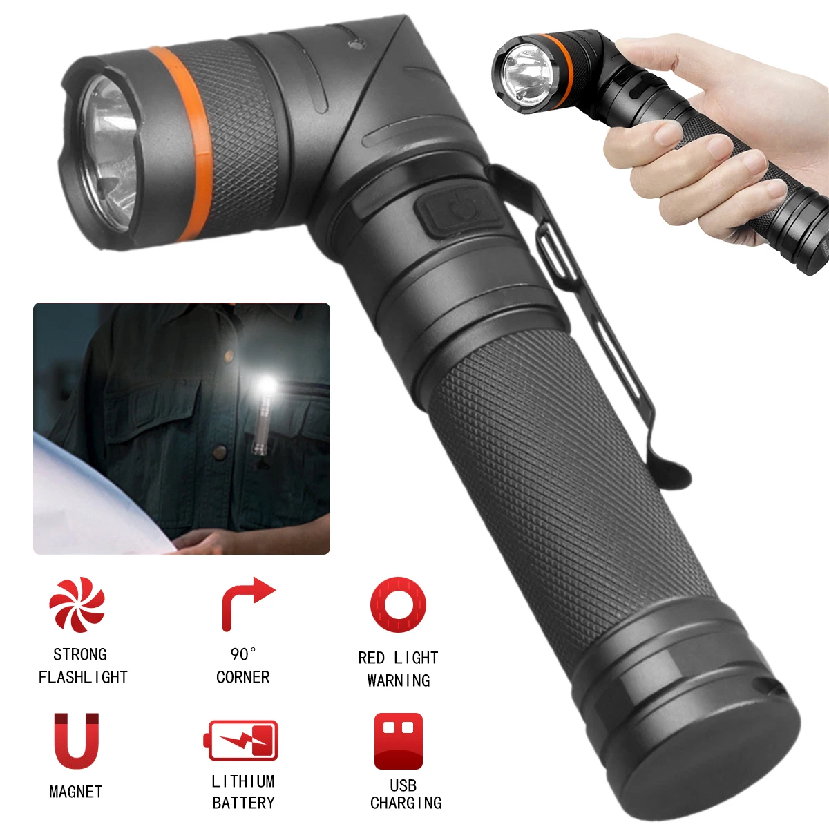 

Портативный светодиодный фонарик, 2400 лм, мА/ч, 90 °, складной тактический фонарик с USB-зарядкой, IPX5 Водонепроницаемый Магнитный фонарик с 9 реж...
