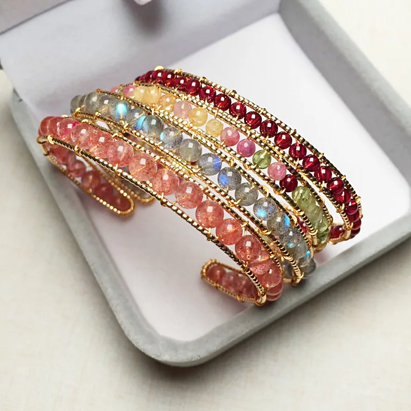 

Natural Crystal Bracelet Fashion Boutique Women's Garnet Tourmaline Elongated Strawberry Crystal Bracelet 14K Gold Plated