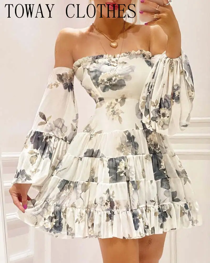 

Women Long Sleeve NEW Off Shoulder Frill Hem Floral Print Dress Mini Elegant Party Dress