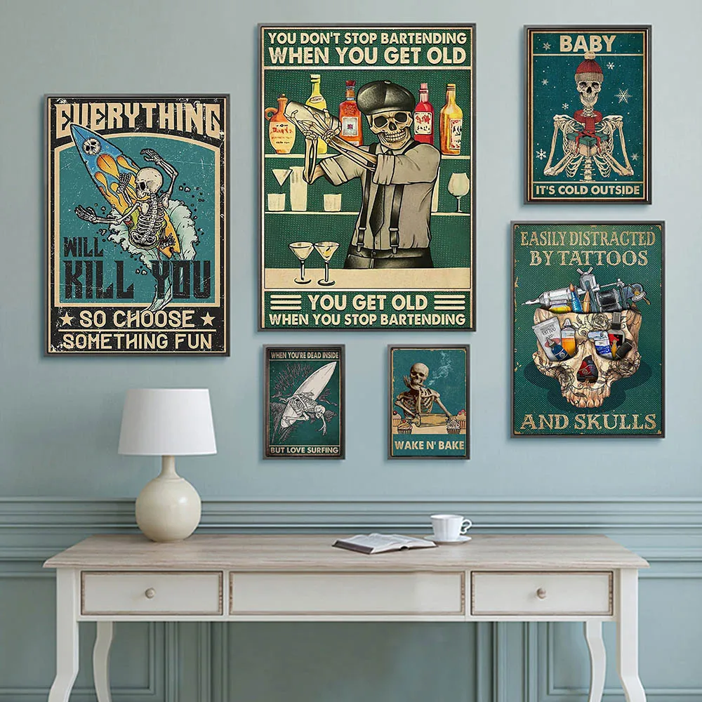 

Ретро забавная картина скелет череп серфинг на холсте модный персонализированный слоган Настенная картина для гостиной домашний декор