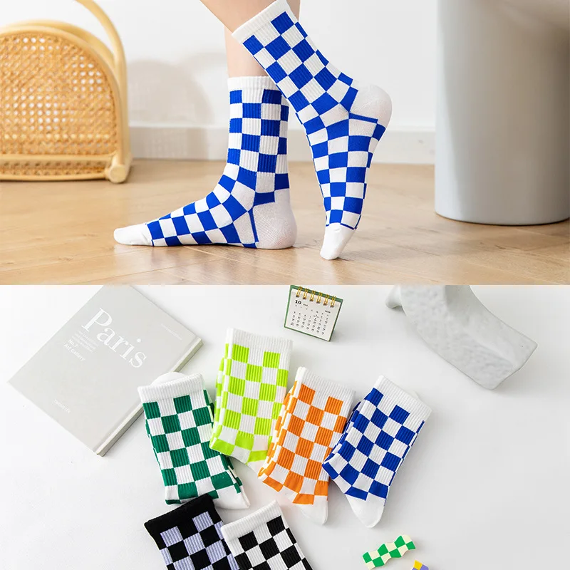 6Pairs Korea Women Trend Checkerboard Socks Geometric Hip Hop Cotton Checkered Socks Unisex Harajuku Streetwear Ankle Socks