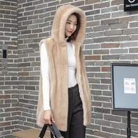 jacekts warm long imitation fur women vest beige black winter hooded solid sleevelss coat high quality oversize gilet femme 2021