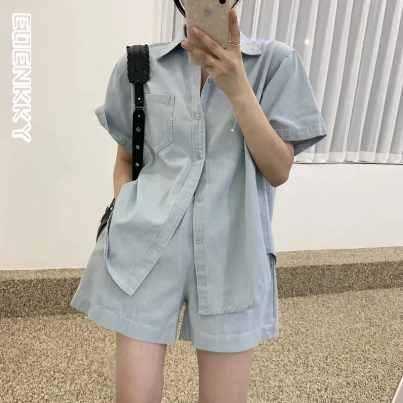 

Summer Shirts Set for Women 2023 Solid Suit Casual Loose Short-sleeved Shirts Shorts 2 Piece Sets Short Retro Denim Sets Female