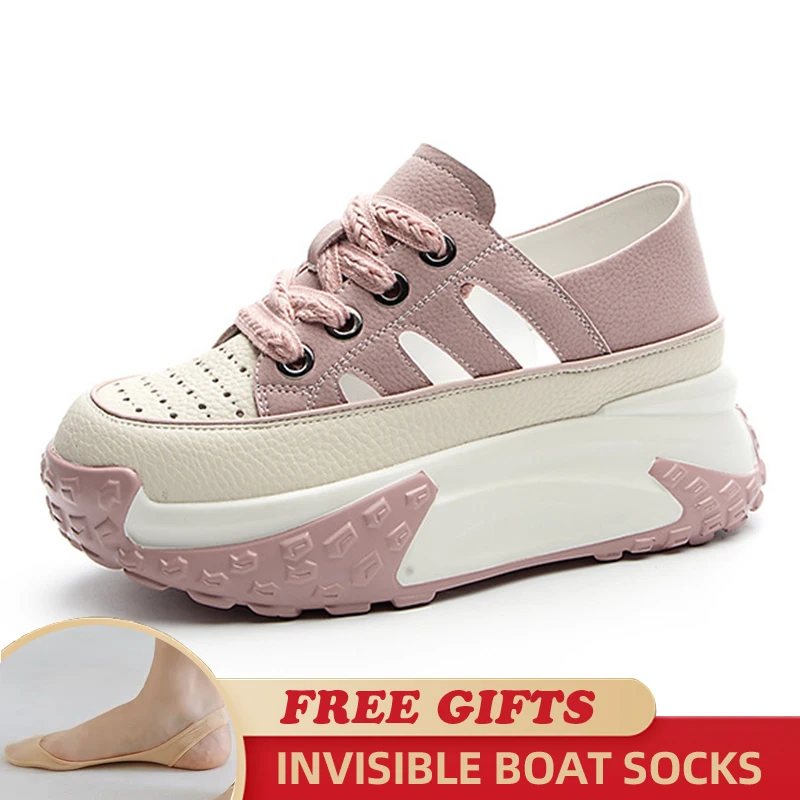 Genuine Leather 2023 Platform Wedge Chunky Sneakers Fashion Hollow Lace Mixed Color Casual Comfy Lady Hidden Heel Female Shoes