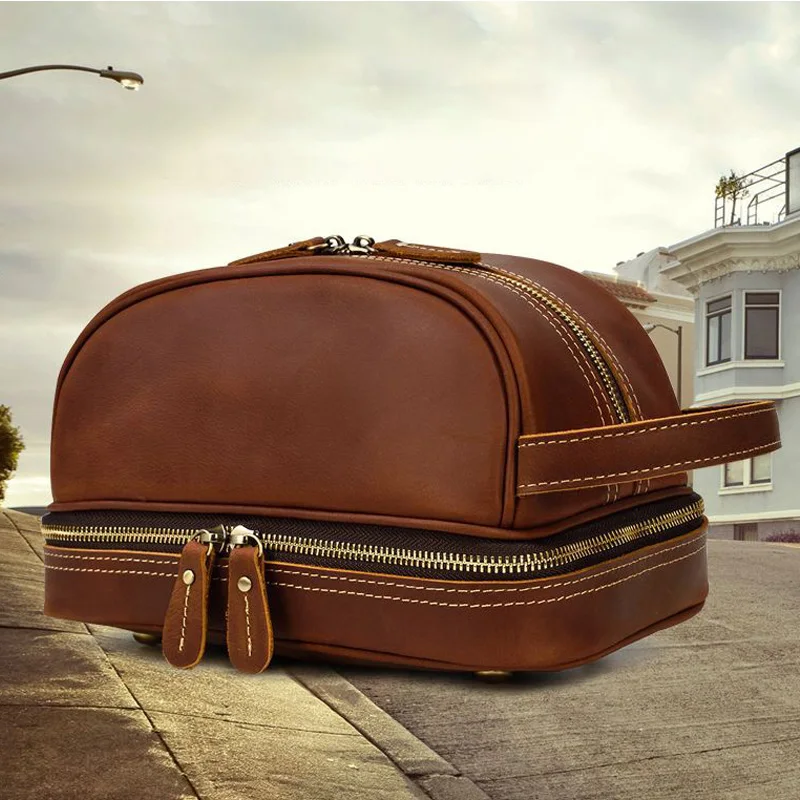 

Leather Cosmetic Bag Two Layers Waterproof Girl Outdoor Makeup Bag Woman Toiletries Organizer Retro Genuine Cowhide Storage Boxs
