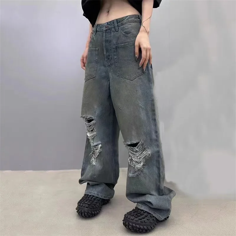 

Women's Jeans 2023 Autumn New Vintage Distressed Cotton Women's Pants Korean Fashion Low Rise Straight Leg Pants Floor Mop Pants
