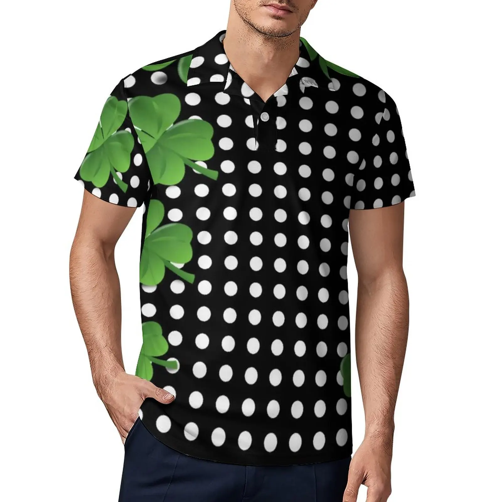 

Рубашка-поло в черный и белый горошек, повседневная Стильная летняя рубашка с принтом шифокусов, ирландский шамрок, мужской воротник