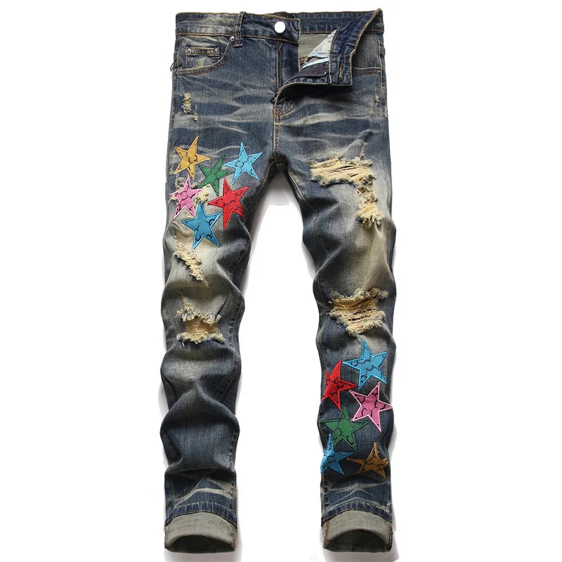 America Men Jean Hole Star Embroidered Trend Elastic Slim Men Pant Hip Hop Graphic Jean Men Motorcycle Pant Graphic Jean For Men