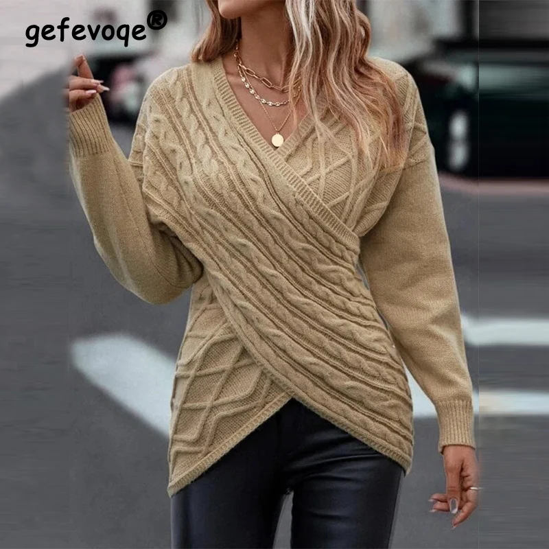

Women Vintage Twist Jacquard Cross V Neck Asymmetrical Knitted Sweater New Winter Fashion Long Sleeve Slim Pullover Tops Jumpers