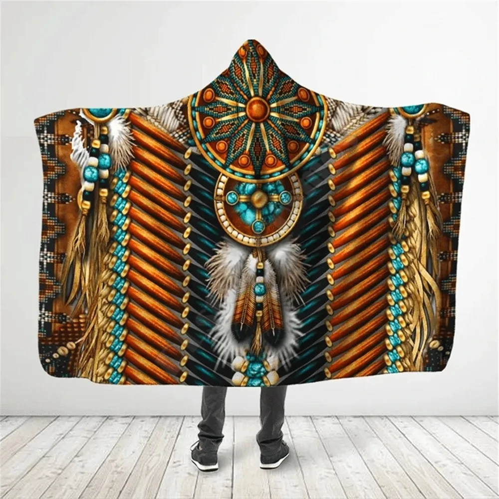 

Native Feather Hooded Blanket 3D All Over Printed Wearable Blanket for Men and Women Adults Kids Fleece Blanket 10