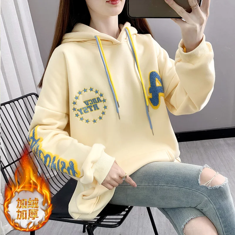 

WomenAutumn Warm Fleece Thickened Loose Mid-length Letter Embroidered Casual Hoodes Streetwear Women Hooded Sweatshirts Pullover