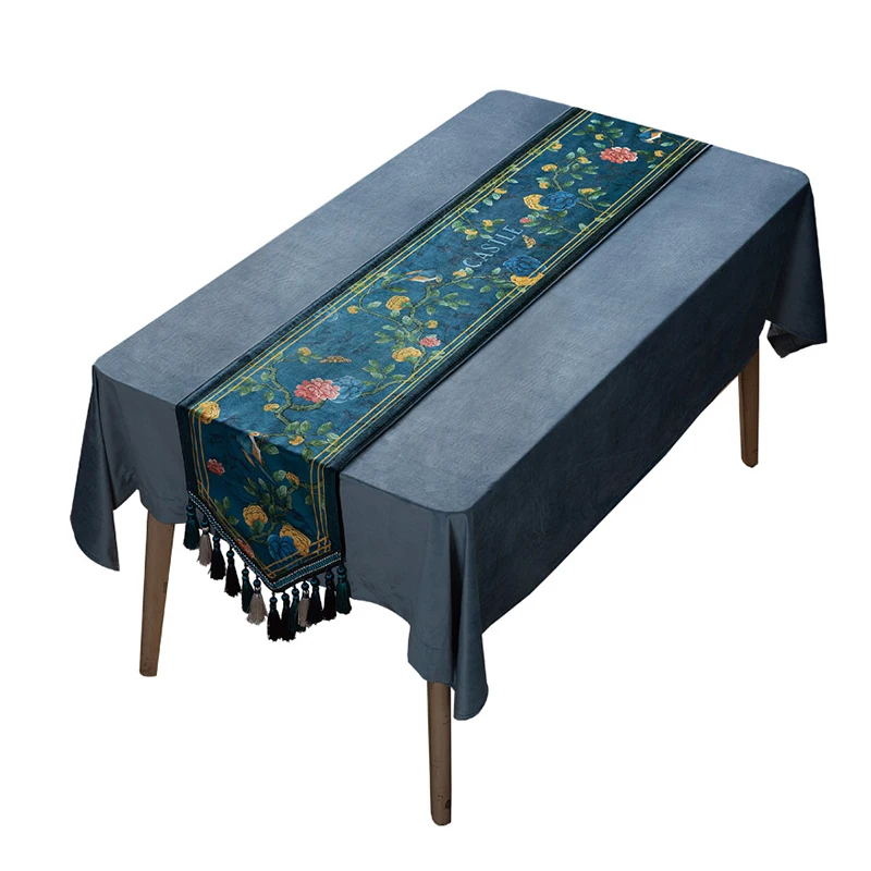 

Home Handcrafted Table Runners Chinoiserie Chinese Feature Elegant Tapestry Velvet Teal Tablecloth Dining Mats Trop Chic
