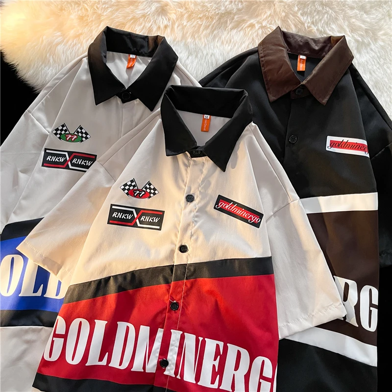 

Vintage Color Block Moto & Biker Cool Men Shirts Couples Streetwear Hip Hop Short Sleeve Tops Summer Oversized Coats Harajuku