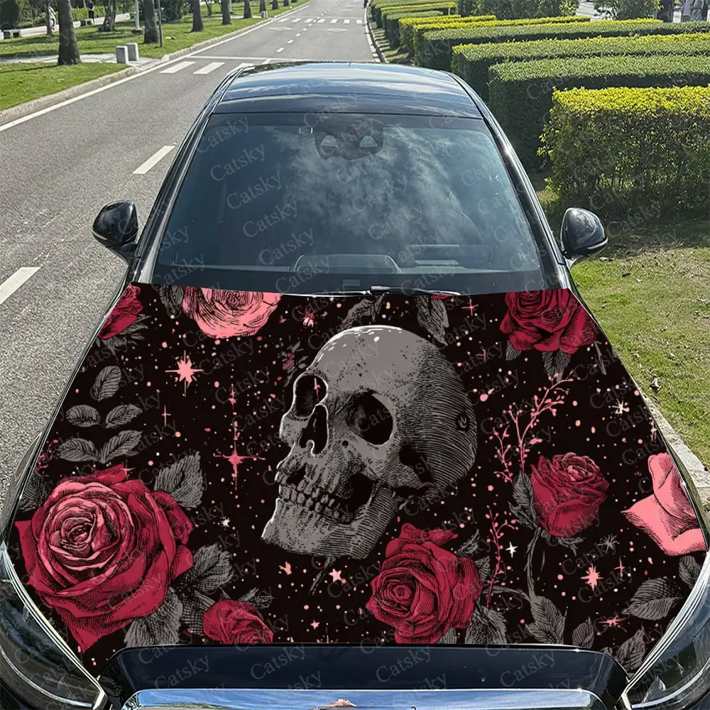 Фото Автомобильная наклейка в темном художественном стиле, креативный дизайн с розово-черным черепом и звездным небом, наклейка на капот автомобиля, водонепроницаемая самоклеящаяся фотоэлектрическая наклейка №4