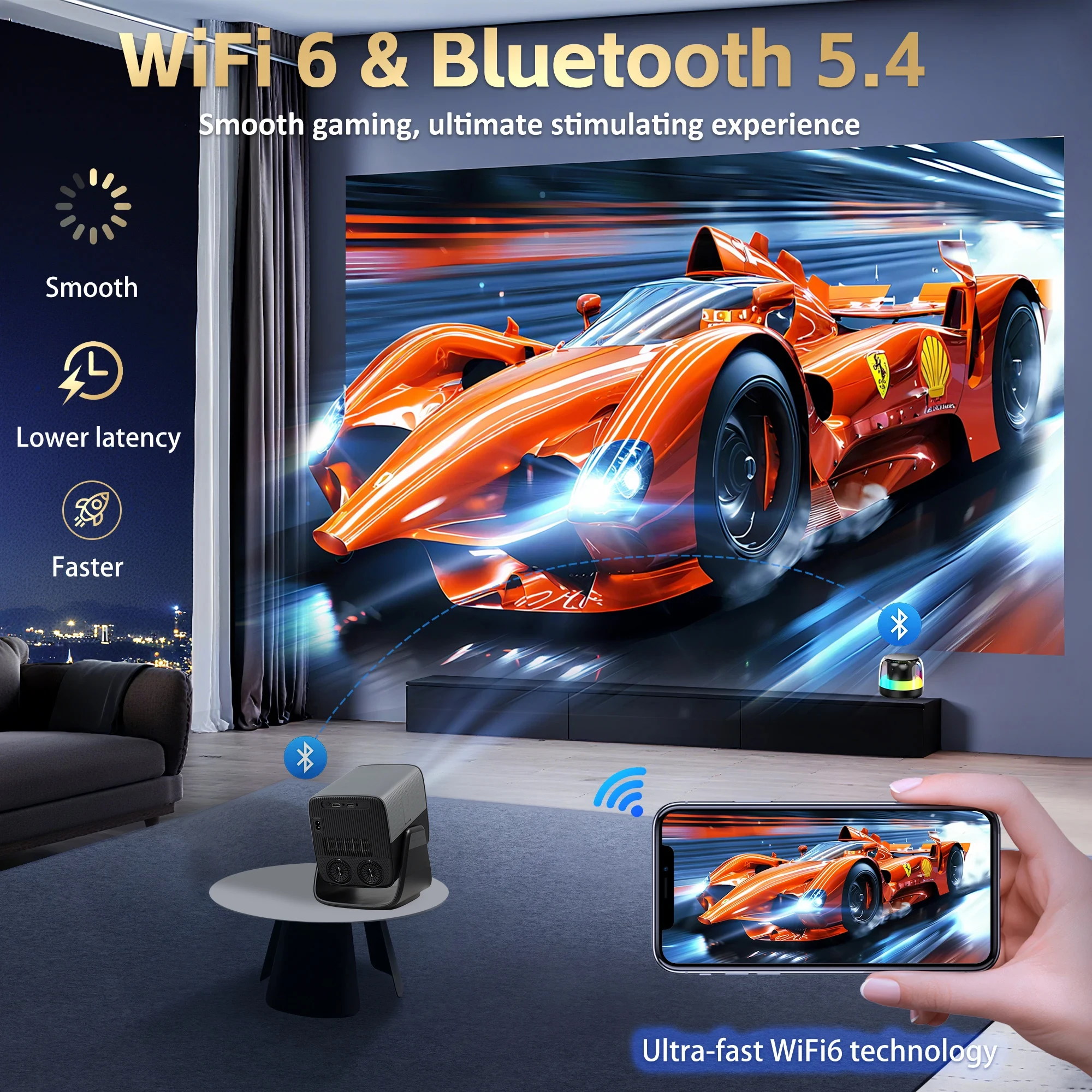 Фото Проектор DITONG HD с поддержкой Native 1080P, 4K, WIFI6, BT5.4, Android, мини-проектор, портативный LED-проектор для домашнего кинотеатра. №3