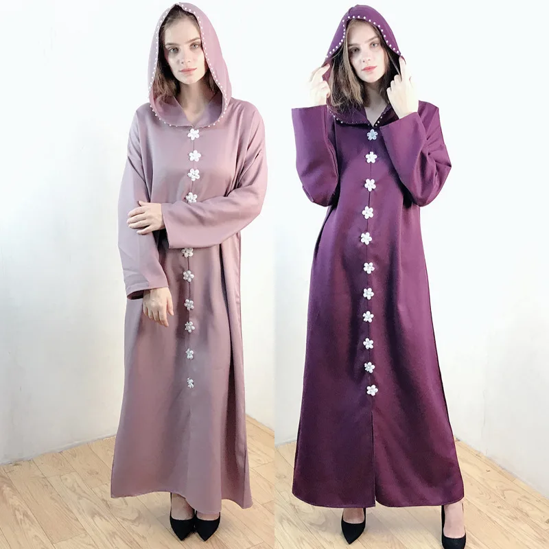 

Muslim Women Hooded Caftan Dress Middle East Dubai Robe Turkey Clothing Pearl Fashion Maxi Dresses Vestidos Abayas Woman Kaftan