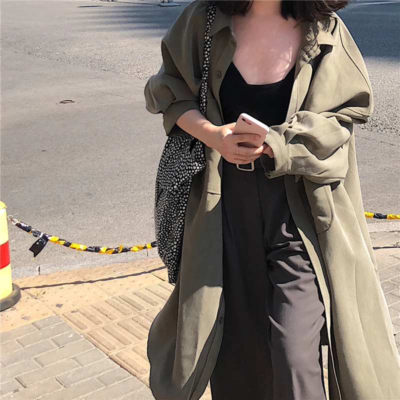 

Summer Korean Version New Temperament Windbreaker Lapel Retro Jackets Loose Mid-length Long Sleeve Trench Coat Women's Clothing