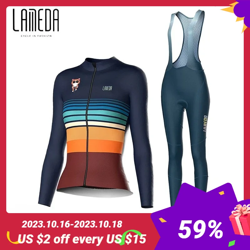 

LAMEDA Cycling Clothes Set for Women Long Sleeve Strap Pants Set Women's Cycling Jersey Set Warm Highway Bicycle Clothing