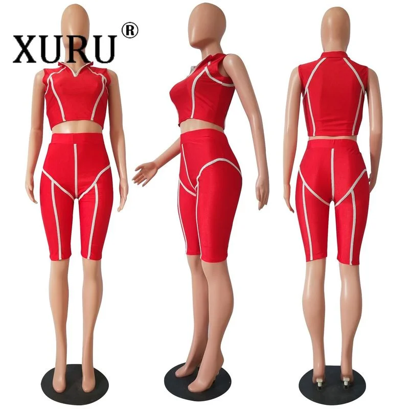 XURU European and American Summer New Women's Jumpsuit Stitching Stand-up Collar Sports Sexy Slim Jumpsuit