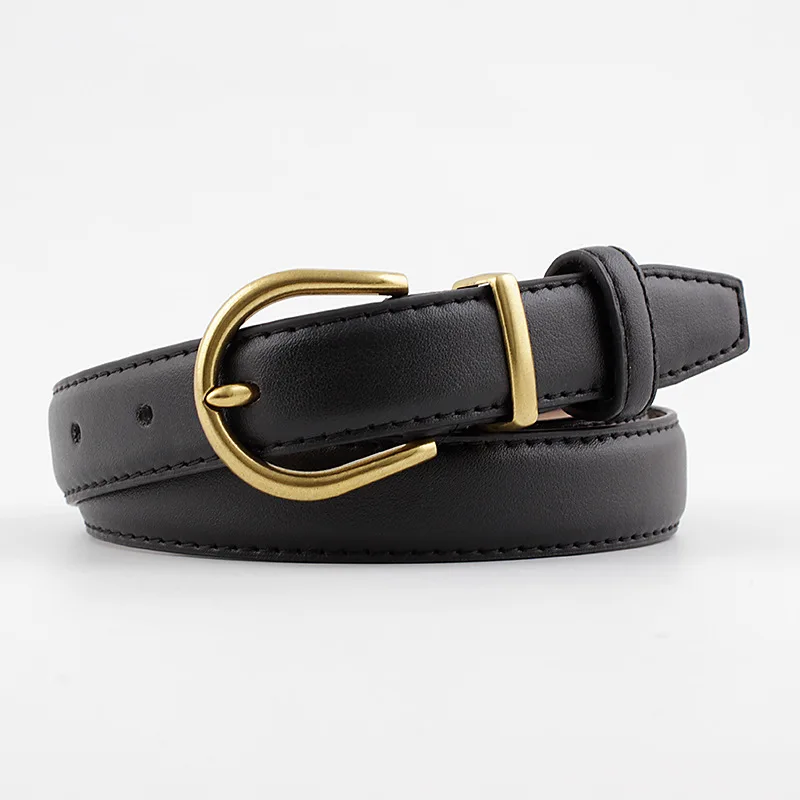 

New Retro Gold Buckle Pu Belt Women Fashion Pin Buckle Thin Black Belts Female Jeans Dress Waistband Brand Design 2022