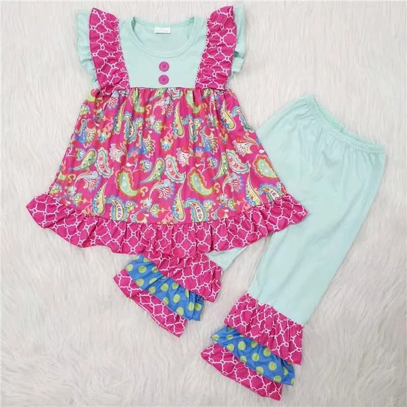 

wholesale fall cotton flutter sleeve tunic and ruffle pant outfit baby girl clothes set girl clothing set 2 pcs kids clothes set
